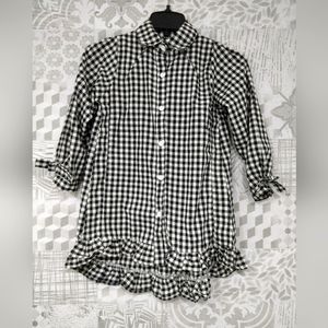New, girls long plaid shirt, black and white, cotton fabric, bottom and cuff are